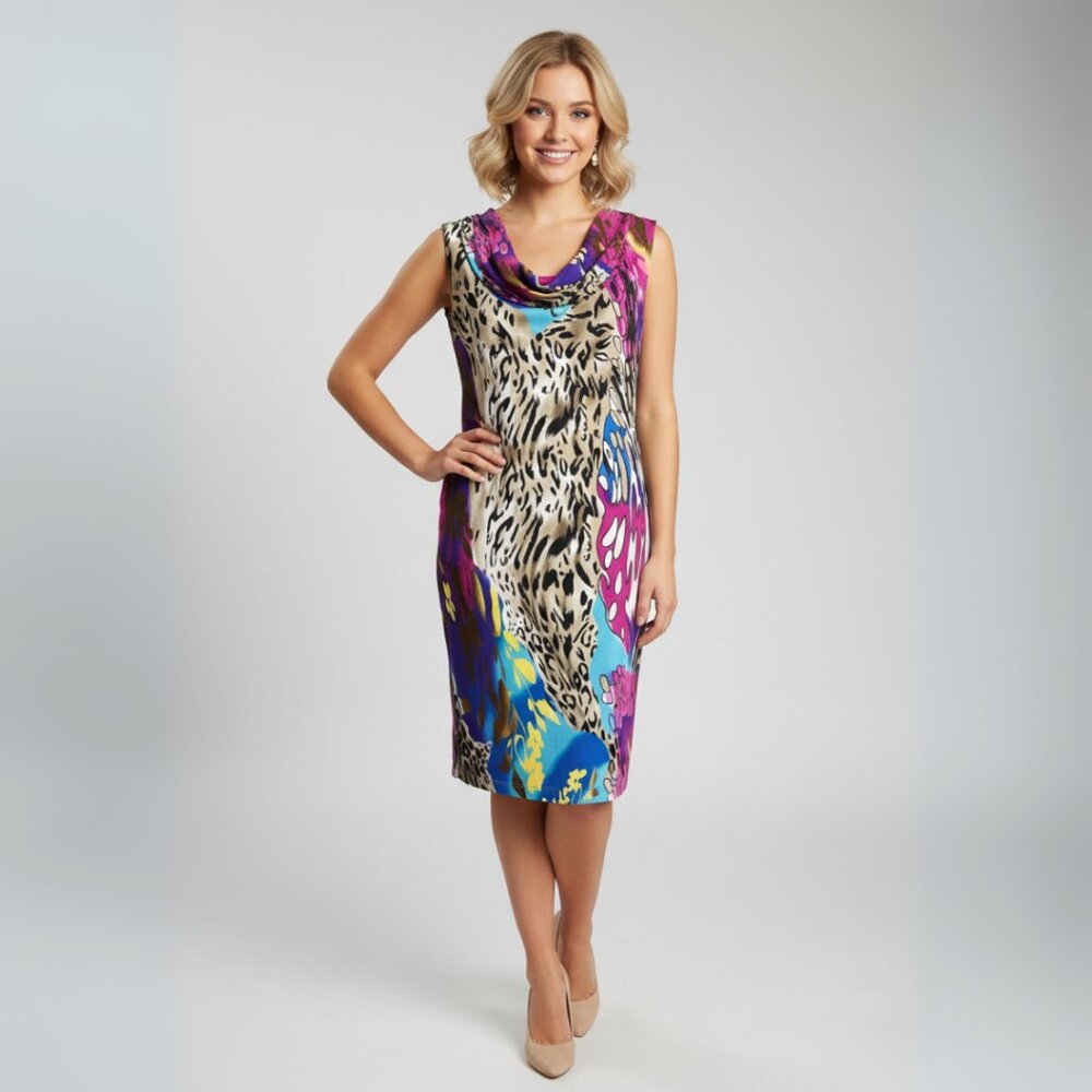 Joseph Ribkoff Animal Floral Sleeveless Dress 8 Dopamine Bright Fun Stretchy - Picture 8 of 9